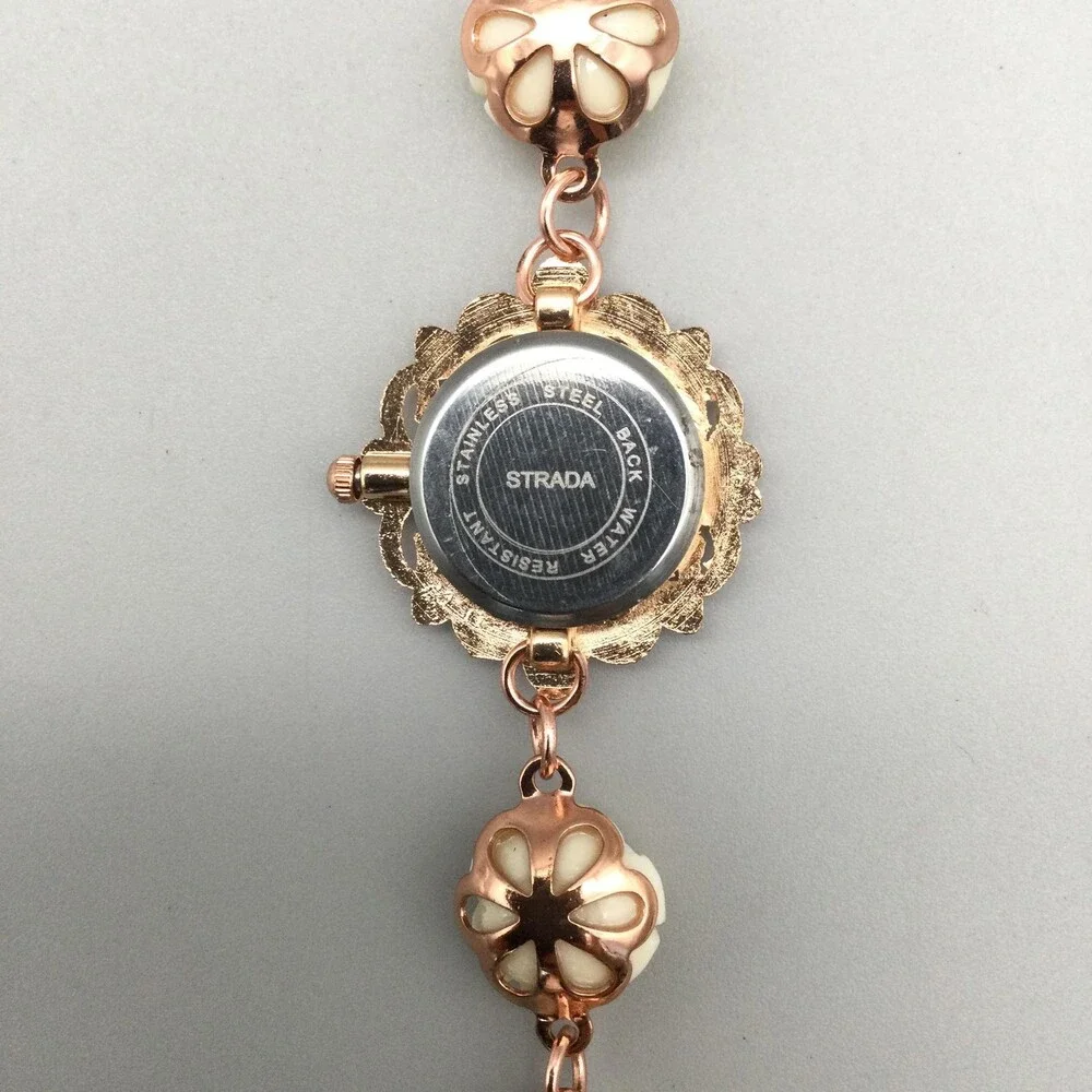 Strada Women Watch 29mm Rose Gold Dial Cream Rose Flower Bracelet New Battery 8